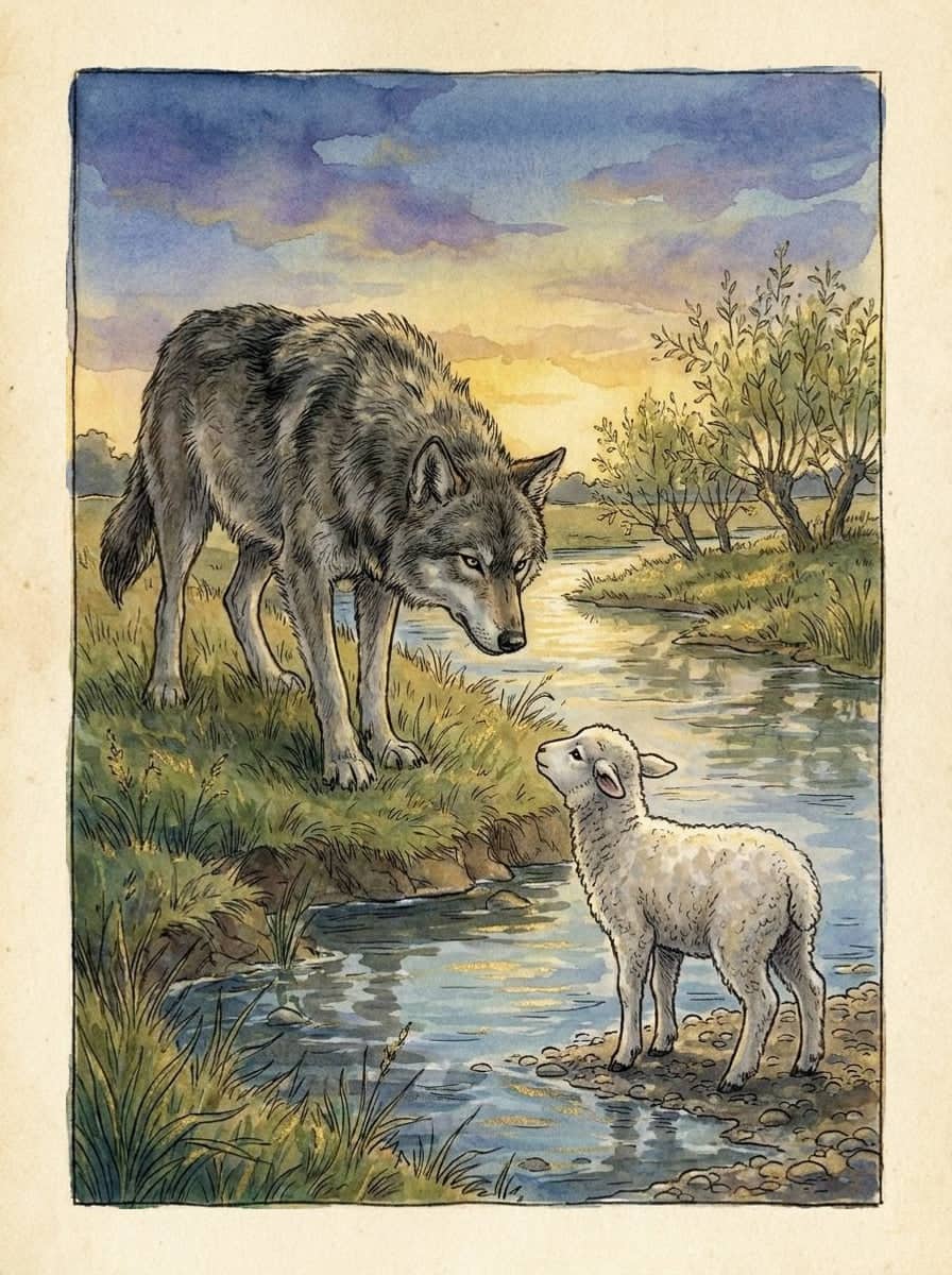 Un grand loup gris, tête baissée, fixe depuis la berge un agneau blanc debout sur les cailloux du ruisseau, museau levé vers lui, sous un ciel doré.