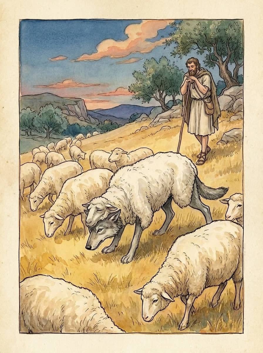 Al atardecer, un lobo gris con una piel de oveja encima camina cabizbajo entre ovejas blancas en una loma dorada; el pastor los mira apoyado en su cayado.